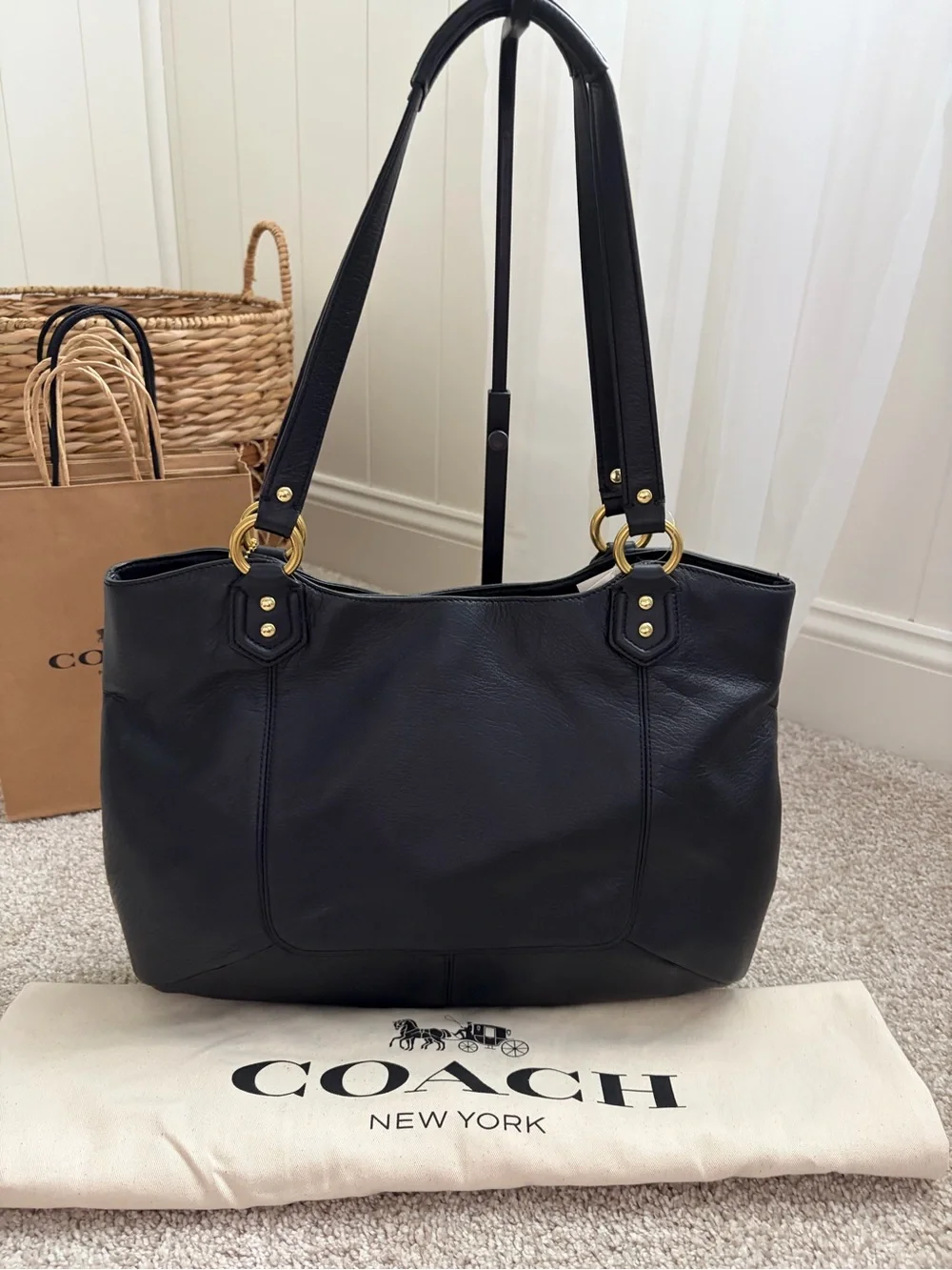 COACH Campbell Bell Black Leather Tote Bag with Gold Hardware. NWT